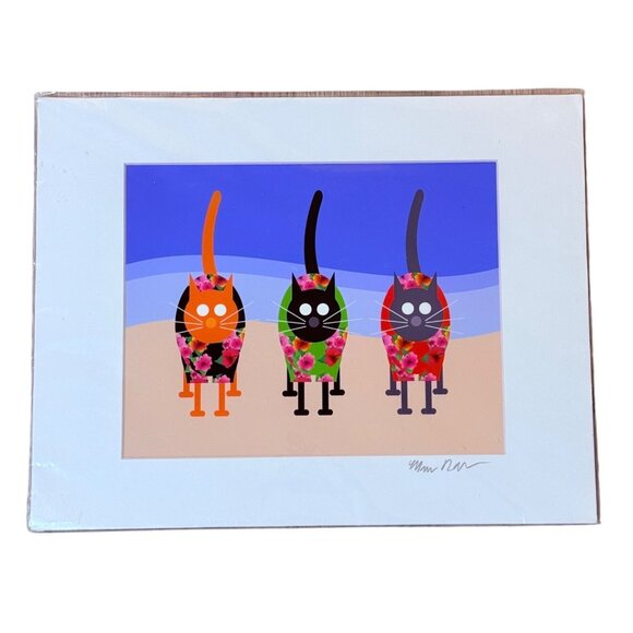 Beach Cats Art Print Tropical Wall Decor Whimsical Signed Modern Pop Artwork Cat - Picture 1 of 8